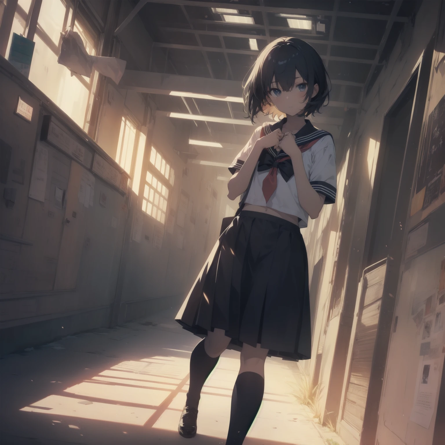 ultra-absurdres-Top quality by artist God, ultra-detailed, high resolution, anime moe artstyle, best anime 8k konachan wallpaper, pixiv contest winner, pool:2810, perfect anatomy,break, 1girl, (Please draw a girl walking sleepily to school alone. )break,(Solo,little female, 13-year-old:1.3),Full limbs, complete fingers,a junior high school student, (very short hair), short cut, flat chest, , small butt, small black eyes, beautiful detailed eyes, well-proportioned iris and pupils, expressive eyes, highres detailed hair, soft expression, salor school_uniform, sailor collar, serahuku, bow, pleated skirt,(Detailed Lighting), (Detailed background), in the School commute route. break,super detailed skin, Best cinematic lighting powered by famous artist, 8k,beauty illustration,photoshop_(medium),very aesthetic,break,((artist:horosuke )), artist:clamp ,artist:carnelian ,artist:kantoku ,