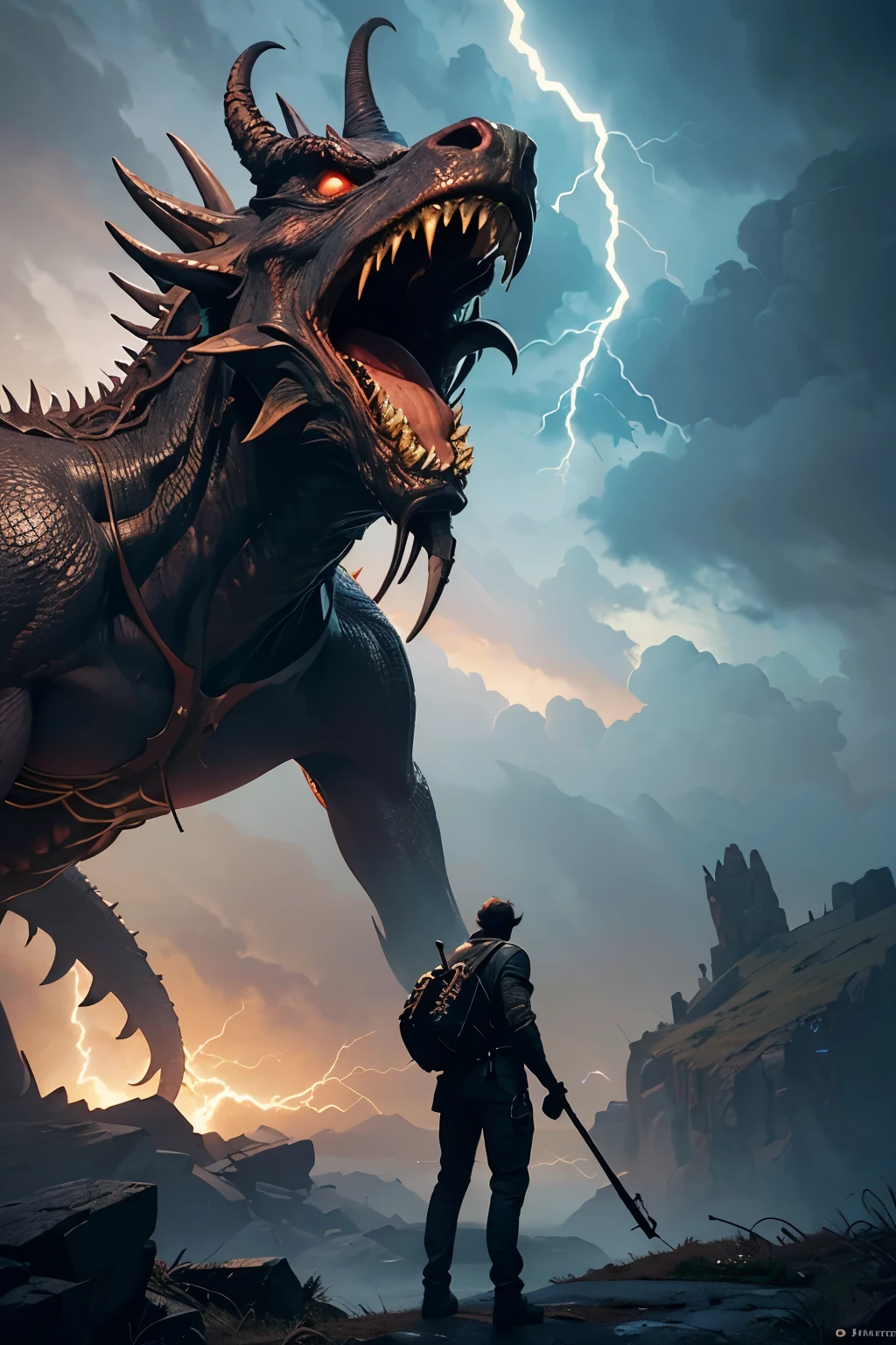 A very detailed painting,Depicts a man have a weapon on a hill gazing at a giant alien monster lightning breath, author:Shinkai Makoto, By Art Jem, From Wlop, author:Greg Rutkowski, Volumetric Lighting, Octane Rendering, 4K resolution, Popular on artstation, masterpiece ,lightning magic