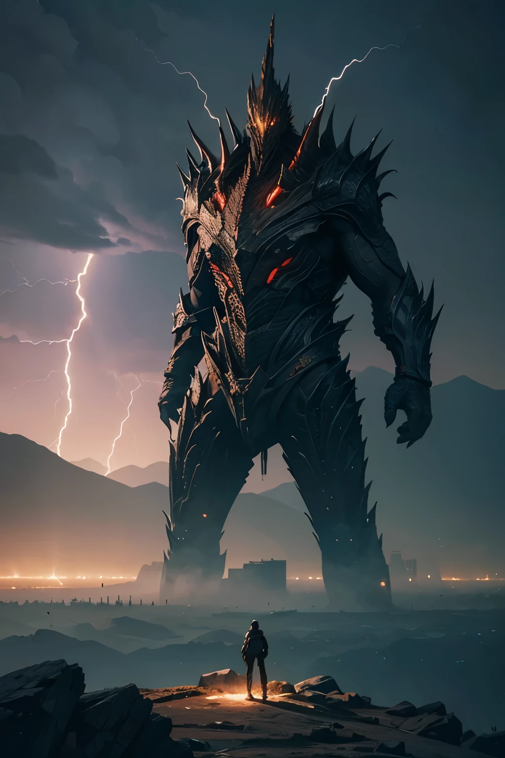 A very detailed painting，Depicts a man　have a weapon on a hill gazing at a giant alien monster lightning breath, author：Shinkai Makoto, By Art Jem, From Wlop, author：Greg Rutkowski, Volumetric Lighting, Octane Rendering, 4K resolution, Popular on artstation, masterpiece ,lightning magic
