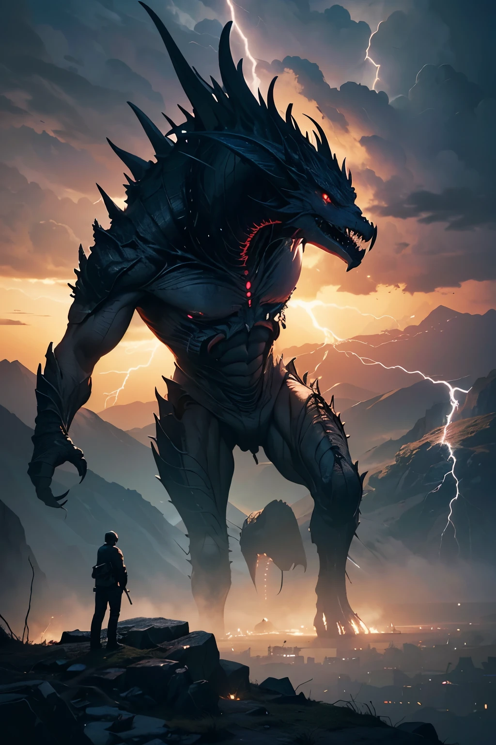 A very detailed painting,Depicts a man have a weapon on a hill gazing at a giant alien monster lightning breath, author:Shinkai Makoto, By Art Jem, From Wlop, author:Greg Rutkowski, Volumetric Lighting, Octane Rendering, 4K resolution, Popular on artstation, masterpiece ,lightning magic