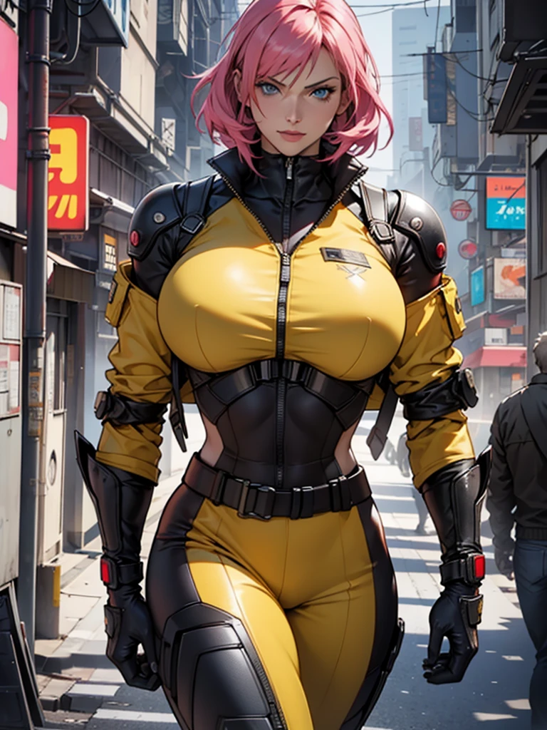 Fake body and  , Mature woman  in metal rising revengeance body details, foto de busto, big pink hair, shining blue eyes, wearing a mustard yellow jumpsuit, breasts big, looking 35 years old, eye on the spectator, Look to the camera, , the background is a cyberpunk city, revegeance expression, foco no rosto, de frente, foco no busto, riaden armor of metal gear rising, busty woman, eyeshield
