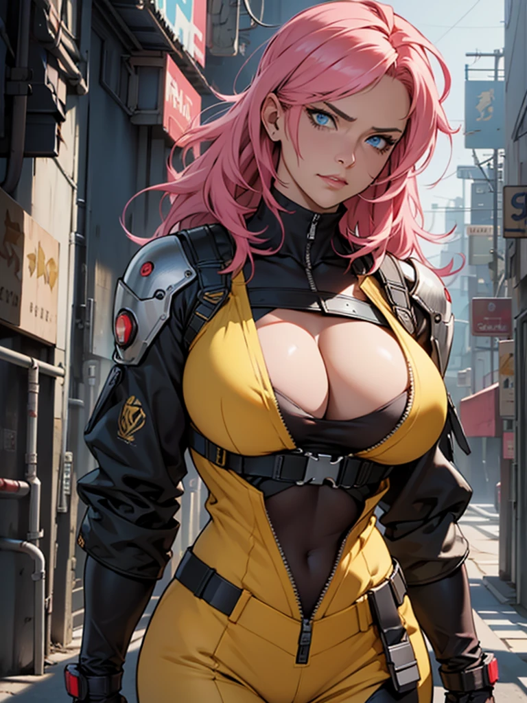 Fake body and  , Mature woman  in metal rising revengeance body details, foto de busto, big pink hair, shining blue eyes, wearing a mustard yellow jumpsuit, breasts big, looking 35 years old, eye on the spectator, Look to the camera, , the background is a cyberpunk city, revegeance expression, foco no rosto, de frente, foco no busto, riaden armor of metal gear rising, busty woman, eyeshield
