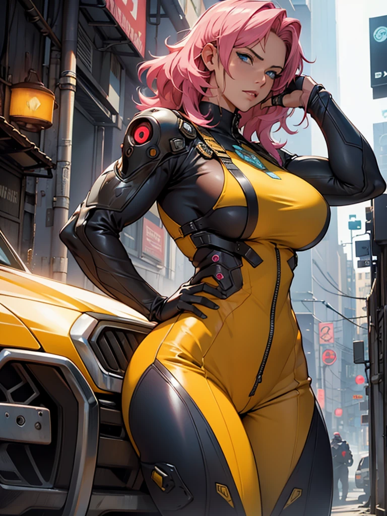 Fake body and , Mature woman in metal rising revengeance body details, foto de busto, big pink hair, shining blue eyes, wearing a mustard yellow jumpsuit, breasts big, looking 35 years old, eye on the spectator, Look to the camera, , the background is a cyberpunk city, revegeance expression, foco no rosto, de frente, foco no busto, riaden armor of metal gear rising, busty woman, eyeshield