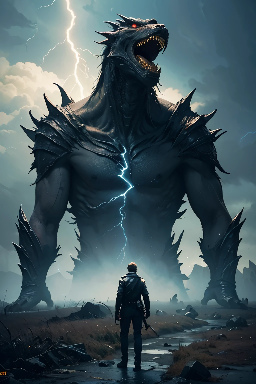 A very detailed painting,Depicts a man have a weapon on a hill gazing at a giant alien monster lightning breath, author:Shinkai Makoto, By Art Jem, From Wlop, author:Greg Rutkowski, Volumetric Lighting, Octane Rendering, 4K resolution, Popular on artstation, masterpiece ,lightning magic