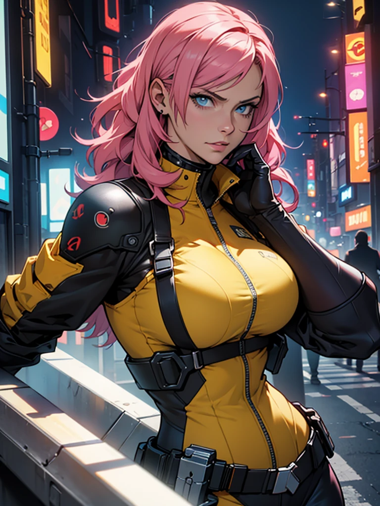 Fake body and  , Mature woman  in metal rising revengeance body details, foto de busto, big pink hair, shining blue eyes, wearing a mustard yellow jumpsuit, breasts big, looking 35 years old, eye on the spectator, Look to the camera, , the background is a cyberpunk city, revegeance expression, foco no rosto, de frente, foco no busto, riaden armor of metal gear rising, busty woman, eyeshield
