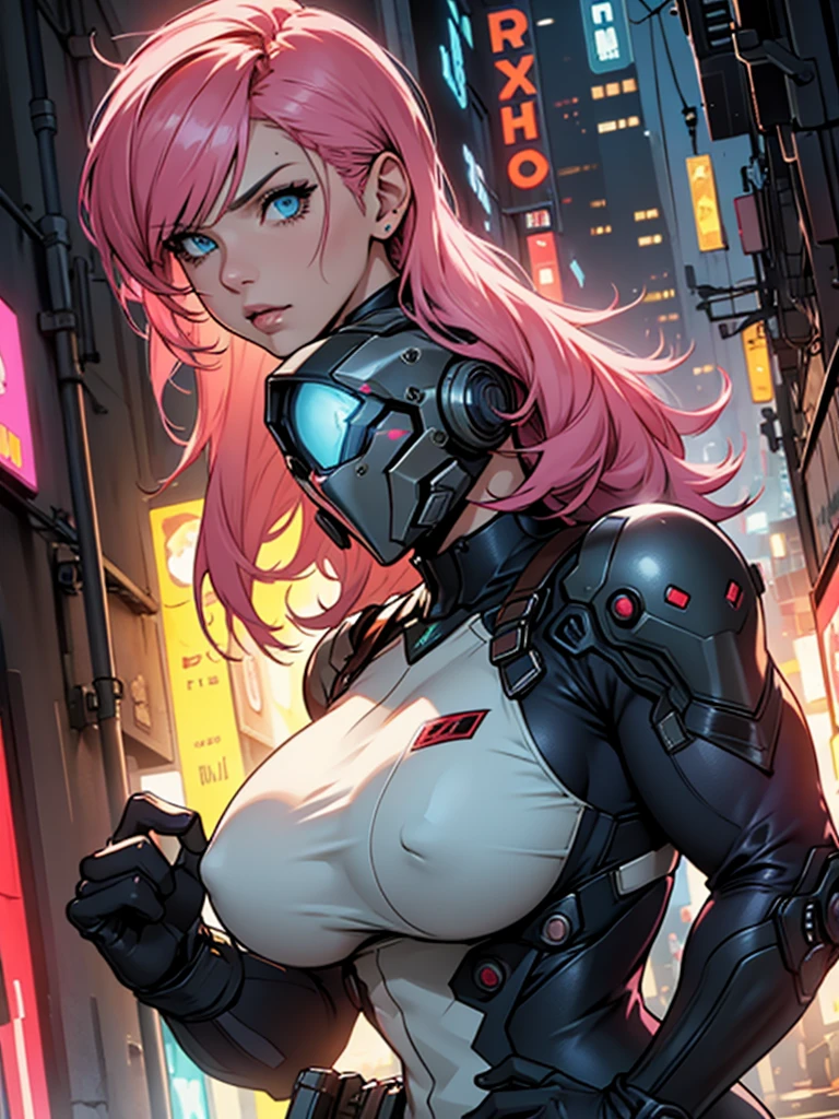 Fake body and , Mature woman in metal rising revengeance body details, foto de busto, big pink hair, shining blue eyes, wearing a mustard yellow jumpsuit, breasts big, looking 35 years old, eye on the spectator, Look to the camera, , the background is a cyberpunk city, revegeance expression, foco no rosto, de frente, foco no busto, riaden armor of metal gear rising, busty woman, eyeshield