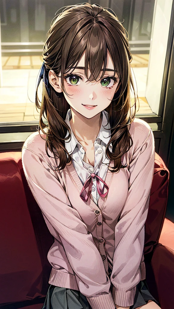 (masterpiece:1.2, Highest quality, Ultra-high resolution, Super detailed), (Realistic, photoRealistic:1.4), Beautiful illustrations, (Natural Side Lighting, Cinema Lighting), 
View your viewers, (Face Focus, Upper Body), 1 girl, Japanese, high school student, Perfect Face, (Perfect Anatomy), Cute and symmetrical face, Baby Face, Glowing Skin, thin
(Mid-length hair:1.5, Straight hair, (Topknot), Hair loss, Orange brown hair), Hair between the eyes, Dark green eyes, Droopy eyes, Big eyes, Long eyelashes, (Medium chest), 
Beautiful Hair, Beautiful Face, Beautiful attention to detail, Beautiful clavicle, Beautiful body, Beautiful breasts, Beautiful thighs, Beautiful feet, 
((Detailed cloth texture, Long sleeve light pink cardigan, White collared shirt, Grey pleated mini skirt, Dark pink neck ribbon), ), , 
(Beautiful views), evening, (karaoke room, karaoke_mechanical), sofa, (smile, Open your mouth), 