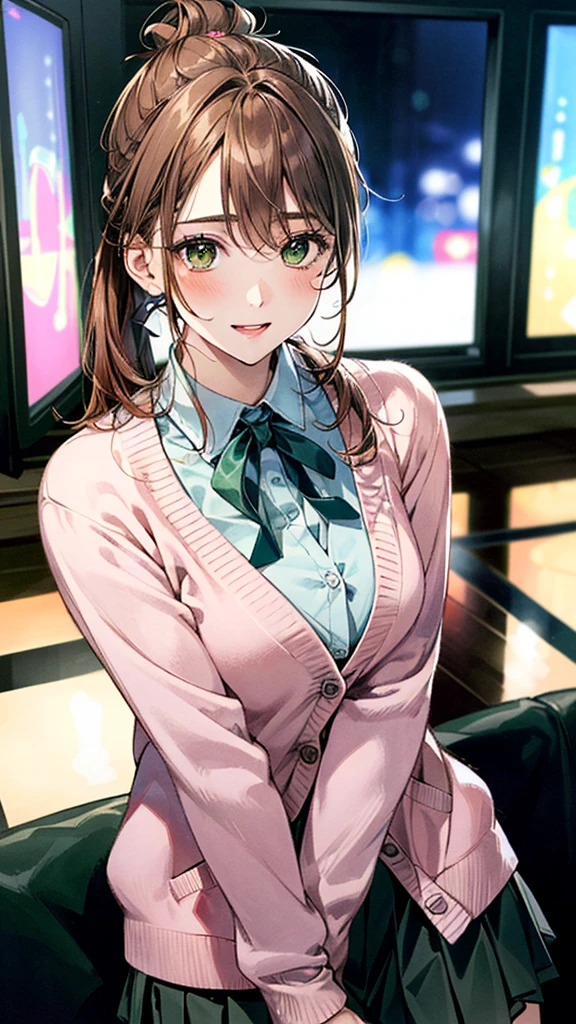 (masterpiece:1.2, Highest quality, Ultra-high resolution, Super detailed), (Realistic, photoRealistic:1.4), Beautiful illustrations, (Natural Side Lighting, Cinema Lighting),
View your viewers, (Face Focus, Upper Body), 1 girl, Japanese, high school student, Perfect Face, (Perfect Anatomy), Cute and symmetrical face, Baby Face, Glowing Skin, thin
(Mid-length hair:1.5, Straight hair, (Topknot), Hair loss, Orange brown hair), Hair between the eyes, Dark green eyes, Droopy eyes, Big eyes, Long eyelashes, (Medium chest),
Beautiful Hair, Beautiful Face, Beautiful attention to detail, Beautiful clavicle, Beautiful body, Beautiful breasts, Beautiful thighs, Beautiful feet,
((Detailed cloth texture, Long sleeve light pink cardigan, White collared shirt, Grey pleated mini skirt, Dark pink neck ribbon), ), ,
(Beautiful views), evening, (karaoke room, karaoke_mechanical), sofa, (smile, Open your mouth),