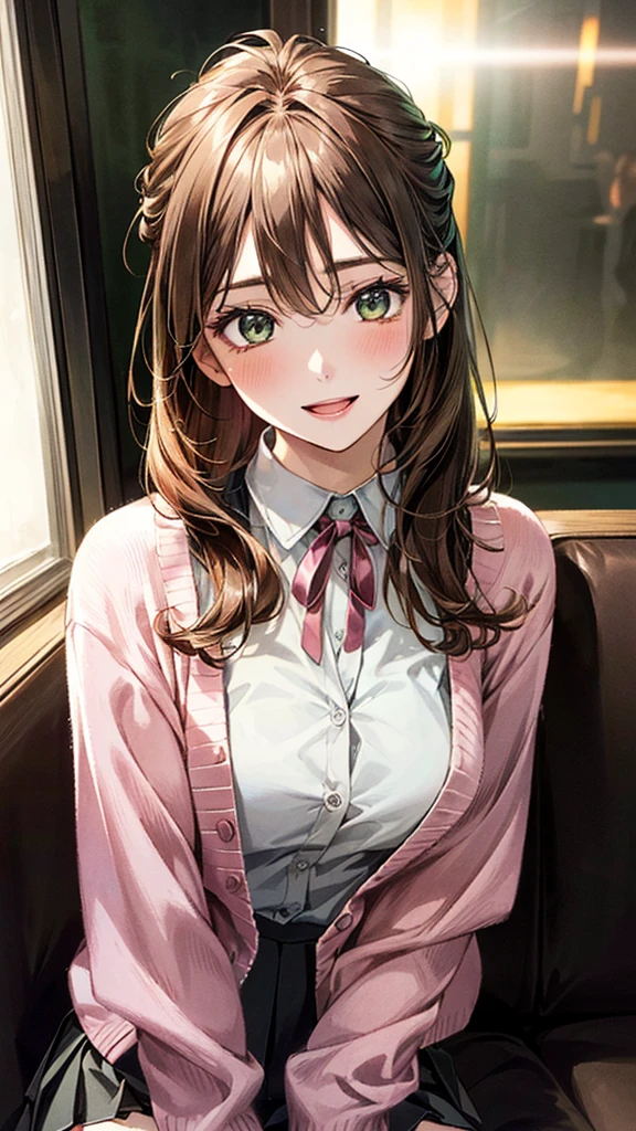 (masterpiece:1.2, Highest quality, Ultra-high resolution, Super detailed), (Realistic, photoRealistic:1.4), Beautiful illustrations, (Natural Side Lighting, Cinema Lighting),
View your viewers, (Face Focus, Upper Body), 1 girl, Japanese, high school student, Perfect Face, (Perfect Anatomy), Cute and symmetrical face, Baby Face, Glowing Skin, thin
(Mid-length hair:1.5, Straight hair, (Topknot), Hair loss, Orange brown hair), Hair between the eyes, Dark green eyes, Droopy eyes, Big eyes, Long eyelashes, (Medium chest),
Beautiful Hair, Beautiful Face, Beautiful attention to detail, Beautiful clavicle, Beautiful body, Beautiful breasts, Beautiful thighs, Beautiful feet,
((Detailed cloth texture, Long sleeve light pink cardigan, White collared shirt, Grey pleated mini skirt, Dark pink neck ribbon), ), ,
(Beautiful views), evening, (karaoke room, karaoke_mechanical), sofa, (smile, Open your mouth),