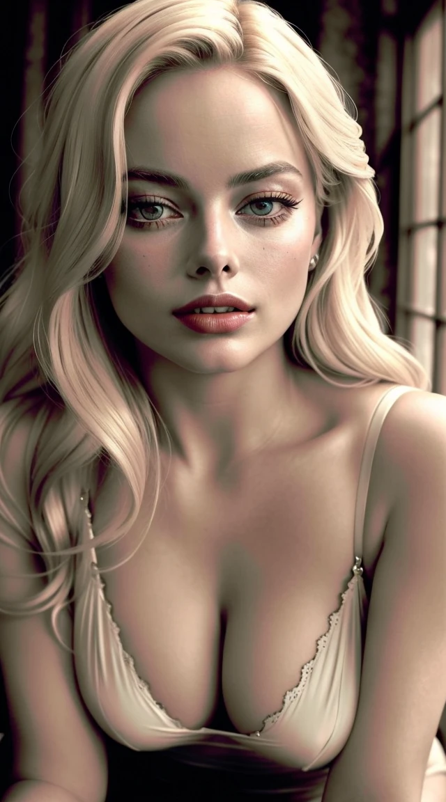 Hot margot robbie, sexy, sexy, ((Masterpiece, best quality)), detailed skin, highly detailed, cinematic lighting, ultra realistic, blush, looking at viewer, with blonde hair. Her hair elegantly styled, falling softly to chin length, portrait, , margot robbie, big breasts on all fours ((having sex )) moanimg expression