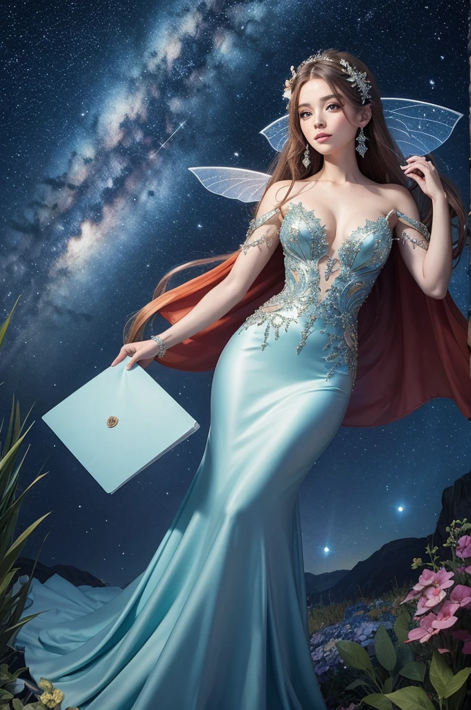 A beautiful fairy, holding a large envelope, on a beautiful, starry night