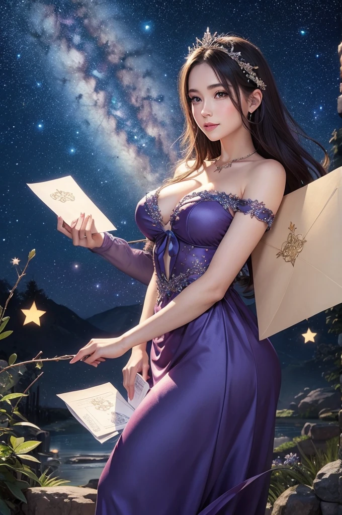 A beautiful fairy, holding a large envelope, on a beautiful, starry night