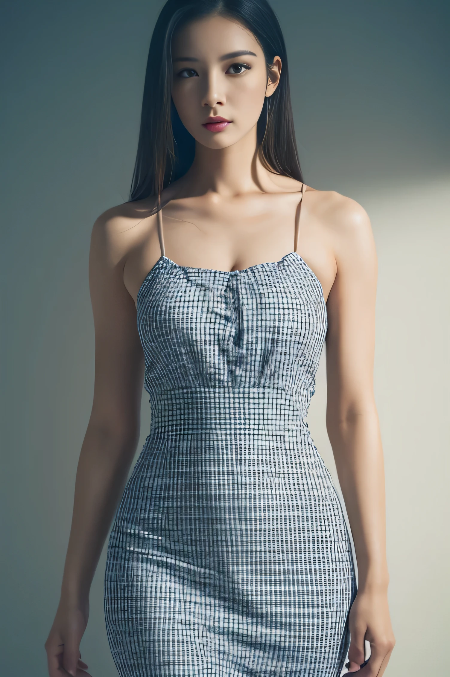 Masseter muscle strip, Highest quality, masterpiece, High resolution, Imaginary image, RAW Photos, 8k wallpaper, perfection, Professional Lighting, Very detailed, Depth of written boundary, ((Beautiful woman)), 30 years old, Sexy Woman, ((Bright checked dress.)), Upper Body, ((View your viewers' eye)), Detailed face, beautiful eye, ((Look forward)), ((Kneel)), Smooth, Small breasts have a nice shape., Light brown straight hair, Pale lips, Cowboy Shoot, (Place your arms between your legs),topless,nude,Nipples