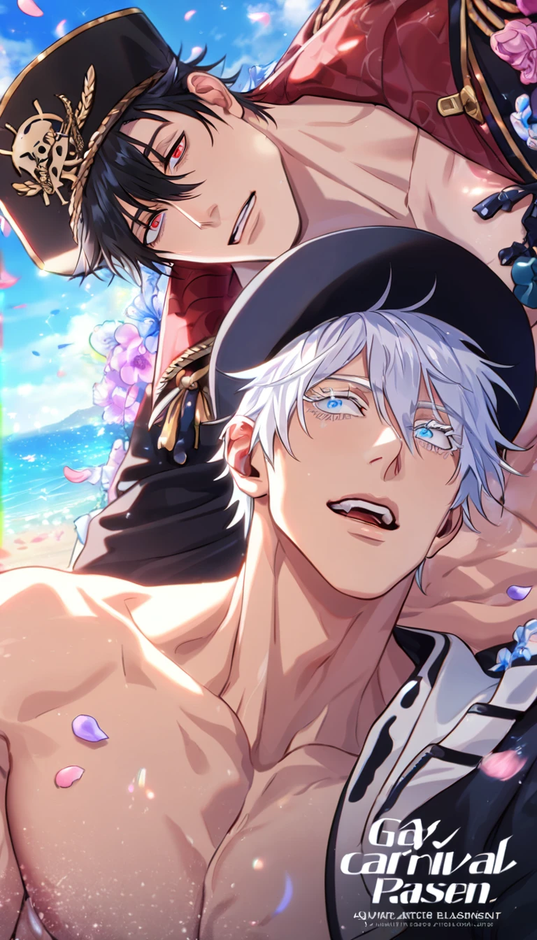 absurdres, highres, ultra detailed, HDR, master piece, best quality, Gojou Satoru, white hair, expressive blue eyes, white eyelashes, Jujutsu Kaisen, Quincy, black hair, hair between the eyes, expressive red eyes, two sexy men together, yaoi, gay couple, handsome, horny, black hat, fantasy black pirate clothes, accessories, showing the chest, beach, sea, petals, flowers, Nu Carnival