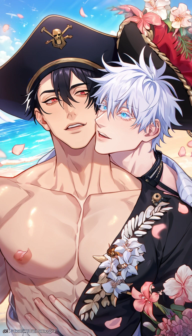 absurdres, highres, ultra detailed, HDR, master piece, best quality, Gojou Satoru, white hair, expressive blue eyes, white eyelashes, Jujutsu Kaisen, Quincy, black hair, hair between the eyes, expressive red eyes, two sexy men together, yaoi, gay couple, handsome, horny, black hat, fantasy black pirate clothes, accessories, showing the chest, beach, sea, petals, flowers, Nu Carnival