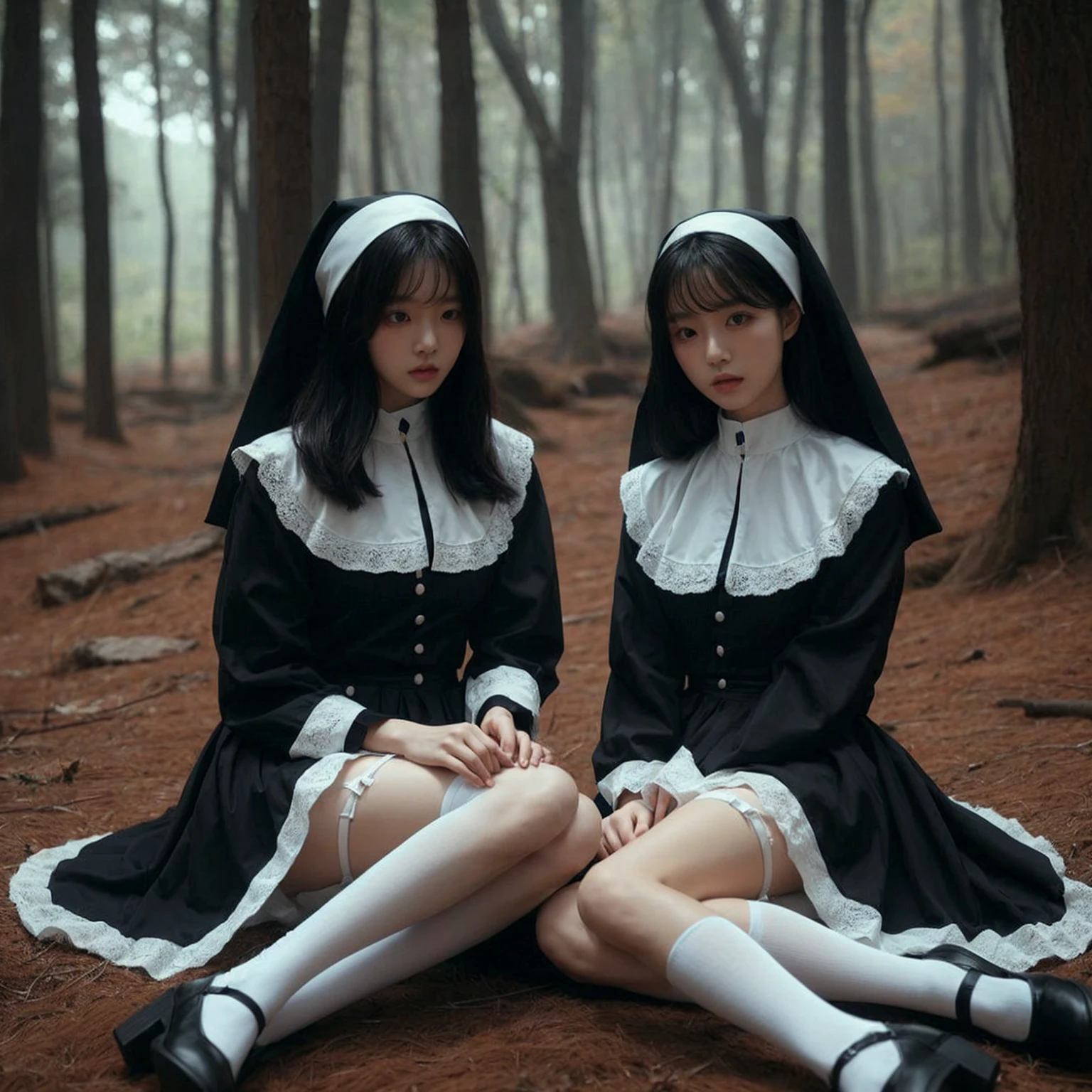 In this striking image, two young korean woman dressed in a blend of modern and traditional attire are positioned in a forested setting. They wear black and white outfits reminiscent of nun habits, but with a contemporary twist, including white thigh-high stockings and unique accessories. The scene is ethereal, with muted natural colors and a serene, almost mystical ambiance. hyper realistic. detailed face