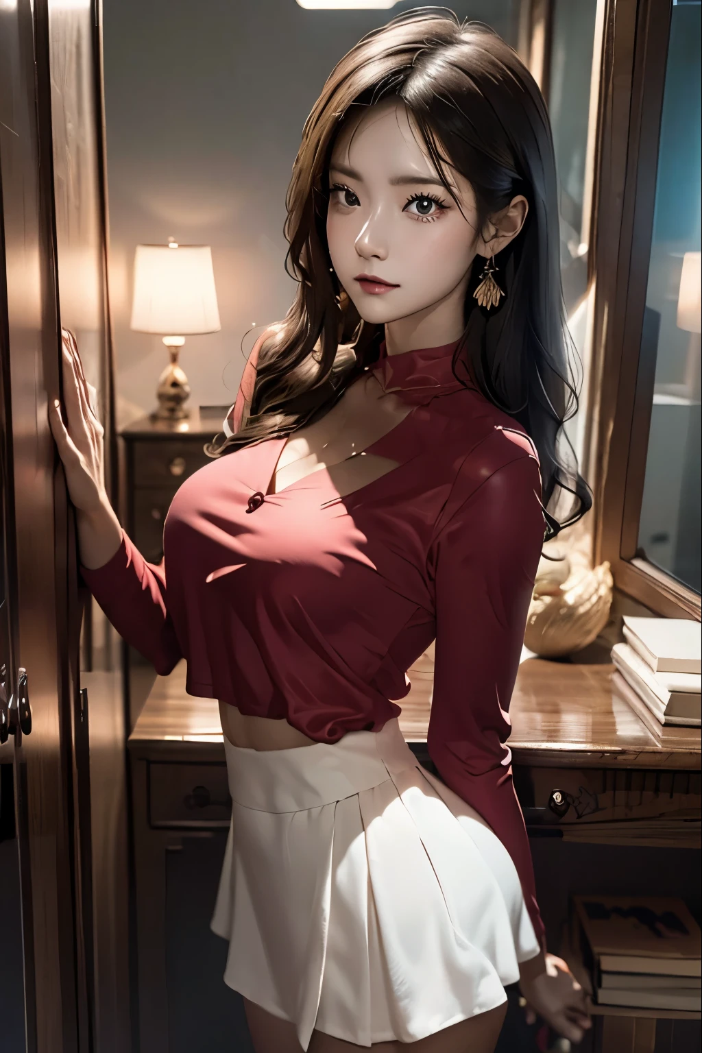 masterpiece,Five Fingers,She is wearing a red suit and a white shirt.,Her chest is bare,Wearing a tight mini skirt,Standing in the conference room with her legs spread open invitingly.Beautiful woman