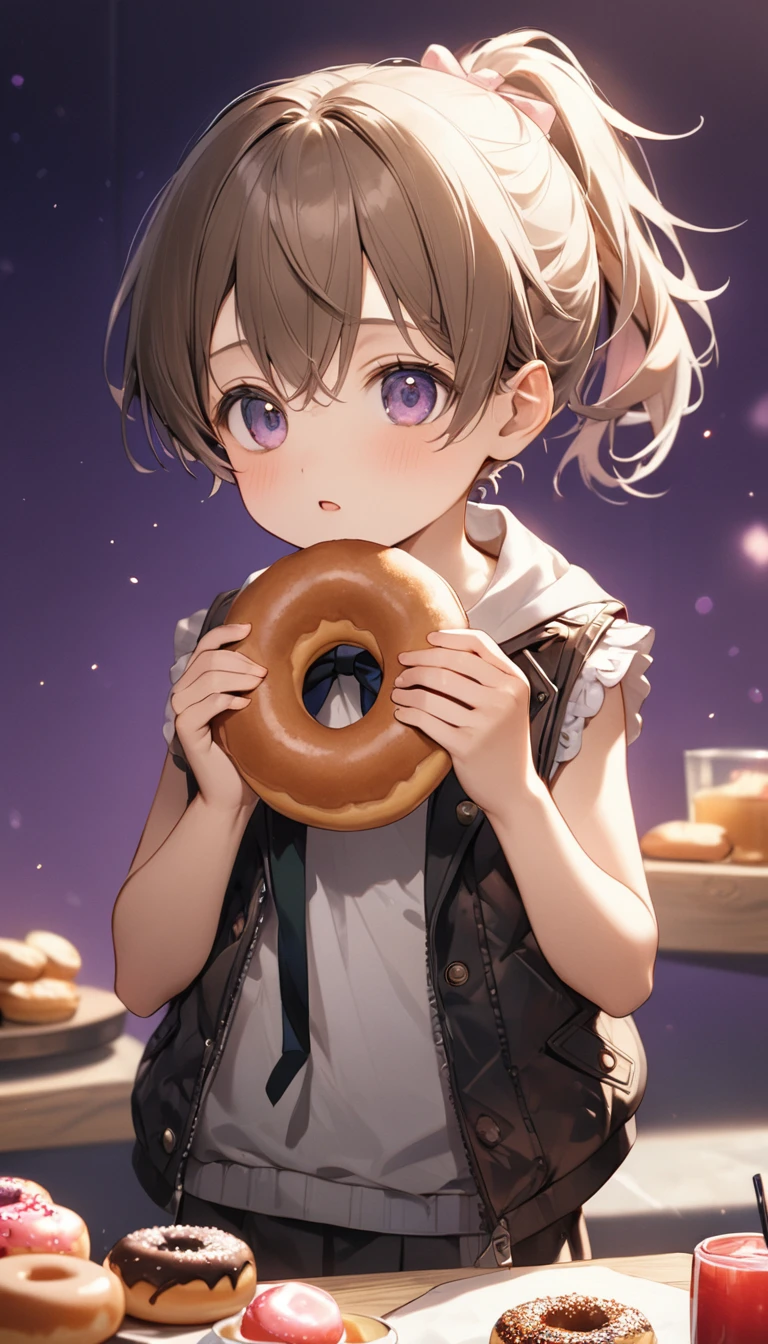 (masterpiece,best quality,beautiful and aesthetic:1.2),(high detailed skin:1.2),8k uhd,dslr,soft lighting,high quality,film grain,((1boy,male)),doughnut,food,solo,ponytail,fruit,sleeveless,holding,bow,holding food,purple background,jacket,8-year-old boy,little boy,,child,loli,