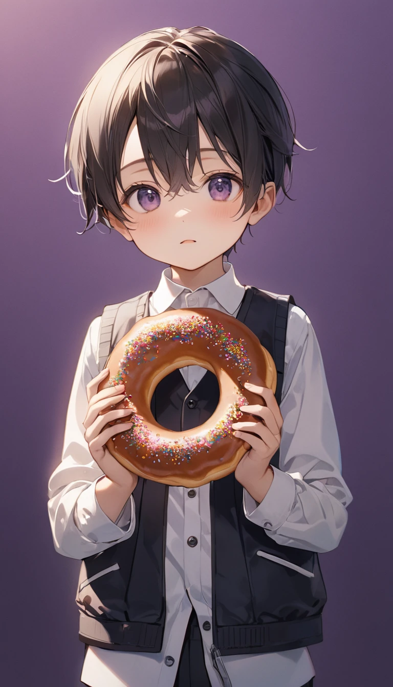 (masterpiece,best quality,beautiful and aesthetic:1.2),(high detailed skin:1.2),8k uhd,dslr,soft lighting,high quality,film grain,((1boy,male)),doughnut,food,solo,ponytail,fruit,sleeveless,holding,bow,holding food,purple background,jacket,8-year-old boy,,kids,child,loli,