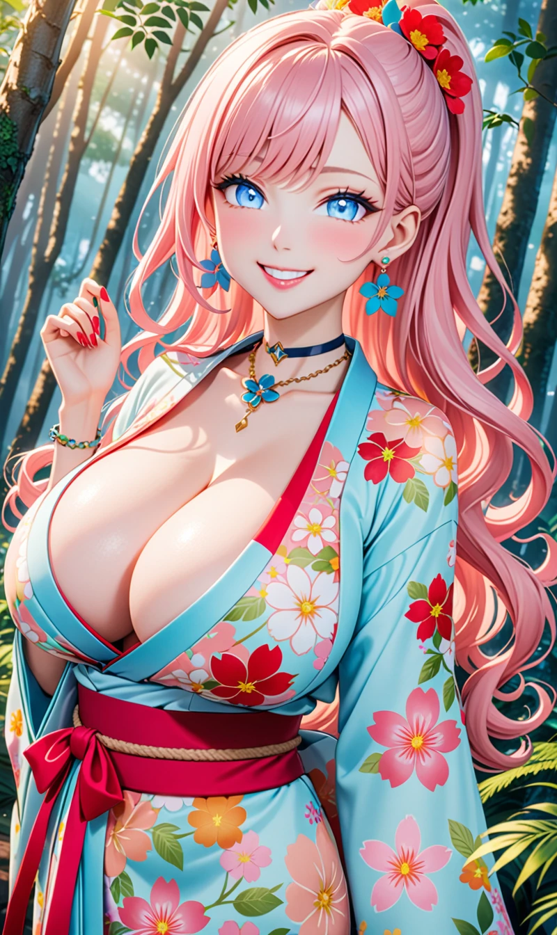 ultra-detailed, ((one girl)), (portrait), (pale skin:1.4), in pastel colors gyaru, (heavy makeup), (professional lighting) hyper detailed, absurdres, 8k, Beautiful Face, (Laugh shyly), ((teasing smile:1.8)), ((happy smile:1.2)), ((Wink:1.6)), (Laugh with your mouth wide open),((Tilt your face:1.6)), View your viewers, ((Bright red cheeks:1.6)),Glossy Red Lips, ((huge breasts:1.6)), undressing, ((She is undressed up to her shoulders, highlighting her cleavage.)) noon,summer, Green tree々, In the mysterious forest, ((Anime style background)),masterpiece, Highest quality, (Brighten your face), so beautiful,Latest, Complex details, (Pink long nails), (nail art), (ring),(bracelet), (Floral Choker),AI-generated, Complex,High resolution, Highest quality, super high quality,3D Images、3D Images,One person,Pastel pink long hair,(High Ponytail), (wavy hair:1.3), Pastel anime woman posing for a photo, ((Eyes with detailed pupils、blue eyes、glowing eyes:1.4)), (Squint your eyes:1.1),a hyperRealistic , hyperRealistic , Realistic,Anime woman with long pastel pink hair, Smooth anime CG art, A girl in a gorgeous pastel-colored kimono, ((Pastel colored long sleeve kimono)),(Pink large floral pattern), (sideboob), Long flower hair ornament,Floral Earrings, Mature Body, tall,Narrow waist, ((dutch angle)), extreme close-up shot,