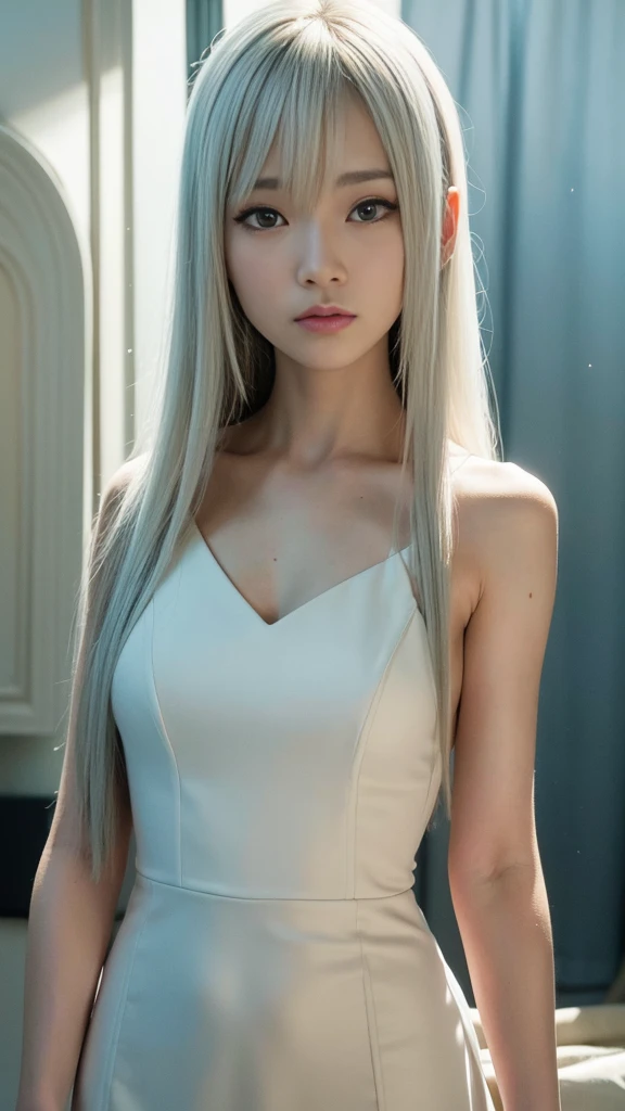 10 years old,woman,Japanese,Slender figure,Long straight white hair,White dress,Hair length reaches down to the middle of the back,Bangs are heavy,Egg-shaped contour,Parallel eyebrows,Slightly droopy eyes,An elegantly rounded nose,Cold lips,Lips are a little thin,Realistic skin texture,8k,masterpiece,photo shoot,Raw photo,Highest quality,Genuine
