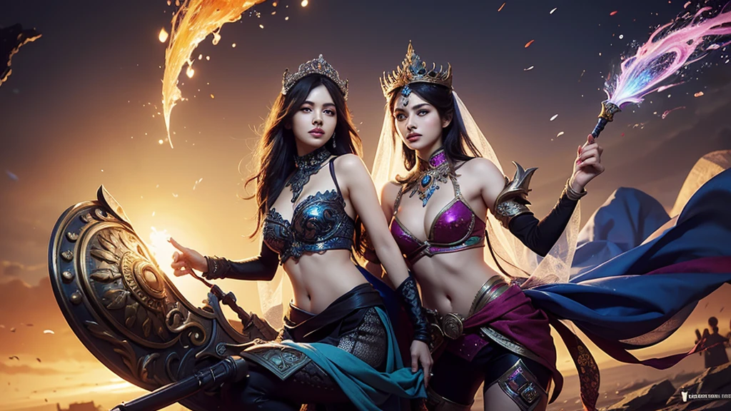 2 ladies + exit + India + like + veil splashArt, splashArt, league of legends splashArt, Art, One stroke, masterpiece, 8K, Extremely detailed, HD