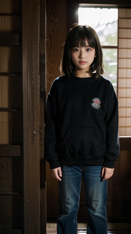 (((11 year old girl))), (((standing alone in dark room))), (((midnight))), Japanese, medium hair, straight face, no smile, no expression, worn-out sweatshirt and worn-out jeans, poor sad girl, locked in room, room in old Japanese house, moonlight shining through small window A scene from a movie, high resolution, highly detailed, details, masterpiece, best quality, awards, highest resolution, realistic, raw photo, 8K wallpaper