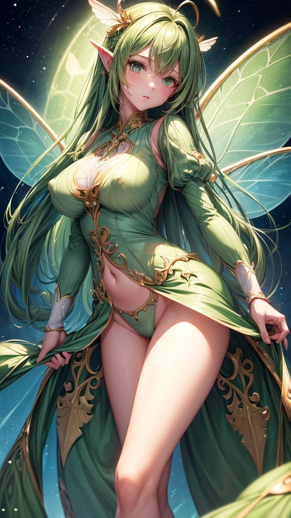 (masterpiece, highest quality, ultra high res, ultra detailed:1.3), 1 cute fairy girl, ideal ratio body proportions, green long hair, a pair of insect wings, cameltoe, clothes covered nipples,