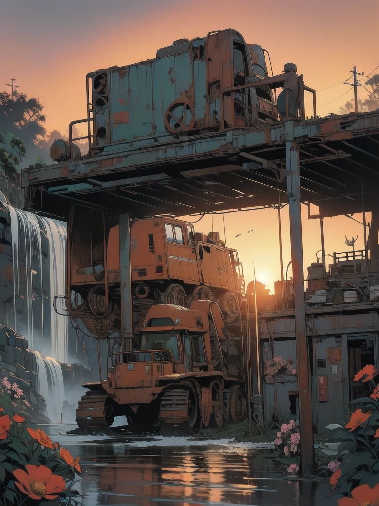 Detailed Machinery、Abandoned Factory、Atrium、(((Rusty heavy equipment)))、Gorgeous light leaks、(((sunset)))、fog、Detailed Background、Highest quality、(((No humans)))、Broken heavy machinery、Complex heavy machinery、Faint lighting、sunset、(((Dull colors)))、(((Rusty heavy equipmentの詳細)))、(((Heavy machinery covered with flowers)))、(((Abandoned garage)))、(((Heavy machinery falls off a waterfall))))、(((Red sunset)))