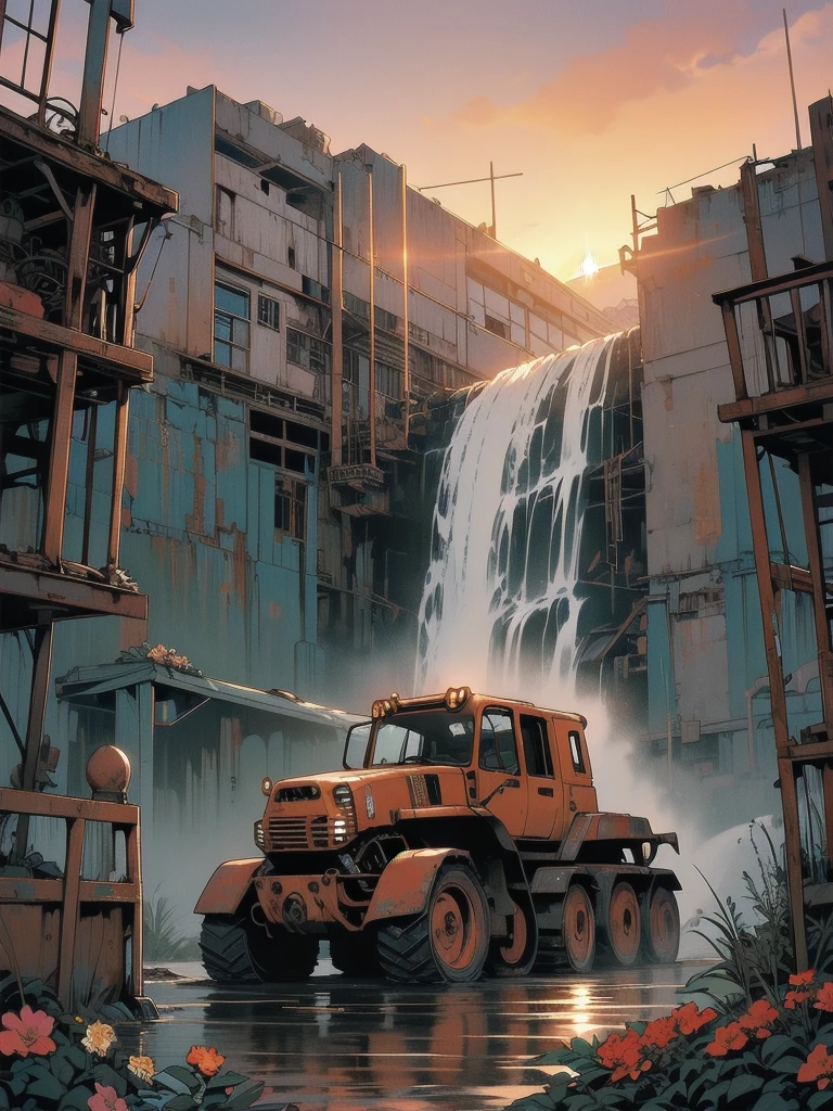 Detailed Machinery、Abandoned Factory、Atrium、(((Rusty heavy equipment)))、Gorgeous light leaks、(((sunset)))、fog、Detailed Background、Highest quality、(((No humans)))、Broken heavy machinery、Complex heavy machinery、Faint lighting、sunset、(((Dull colors)))、(((Rusty heavy equipmentの詳細)))、(((Heavy machinery covered with flowers)))、(((Abandoned garage)))、(((Heavy machinery falls off a waterfall))))、(((Red sunset)))