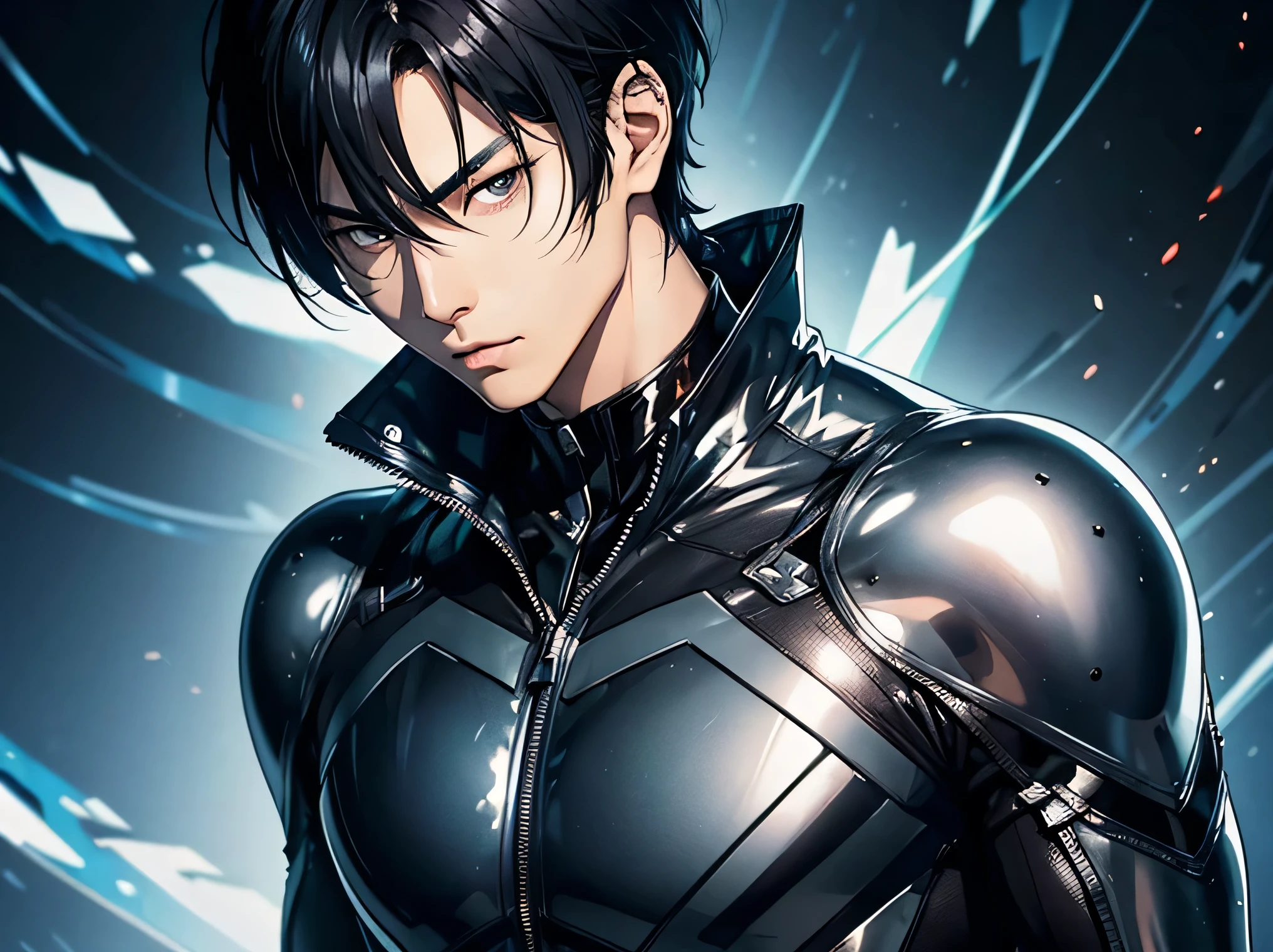 Japanese male handsome model Black Hair Short cut G-I-A-CUT looking at the camera Shiny full-body silver suit Shiny silver latex suit Fierce face Handsome future Metal Body grim stare gaze Sad expression Moist eyes Face close-up Close-up of eyes