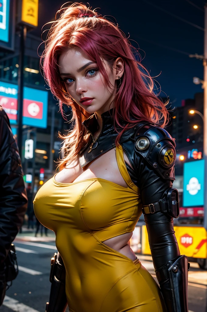 "tema escuro :: closeup foco facial, ultra realista futurista cyberpunk :: :: iluminação natural :: Bokeh :: 8K :: melhor qualidade :: obra de arte :: fundo de paisagem urbana futurista, Fake body and , Mature woman in metal rising revengeance body details, foto de busto, big pink hair, shining blue eyes, wearing a mustard yellow jumpsuit, breasts big, looking 35 years old, eye on the spectator, Look to the camera, , the background is a cyberpunk city, revegeance expression, foco no rosto, de frente, foco no busto, riaden armor of metal gear rising, busty woman, eyeshield
"