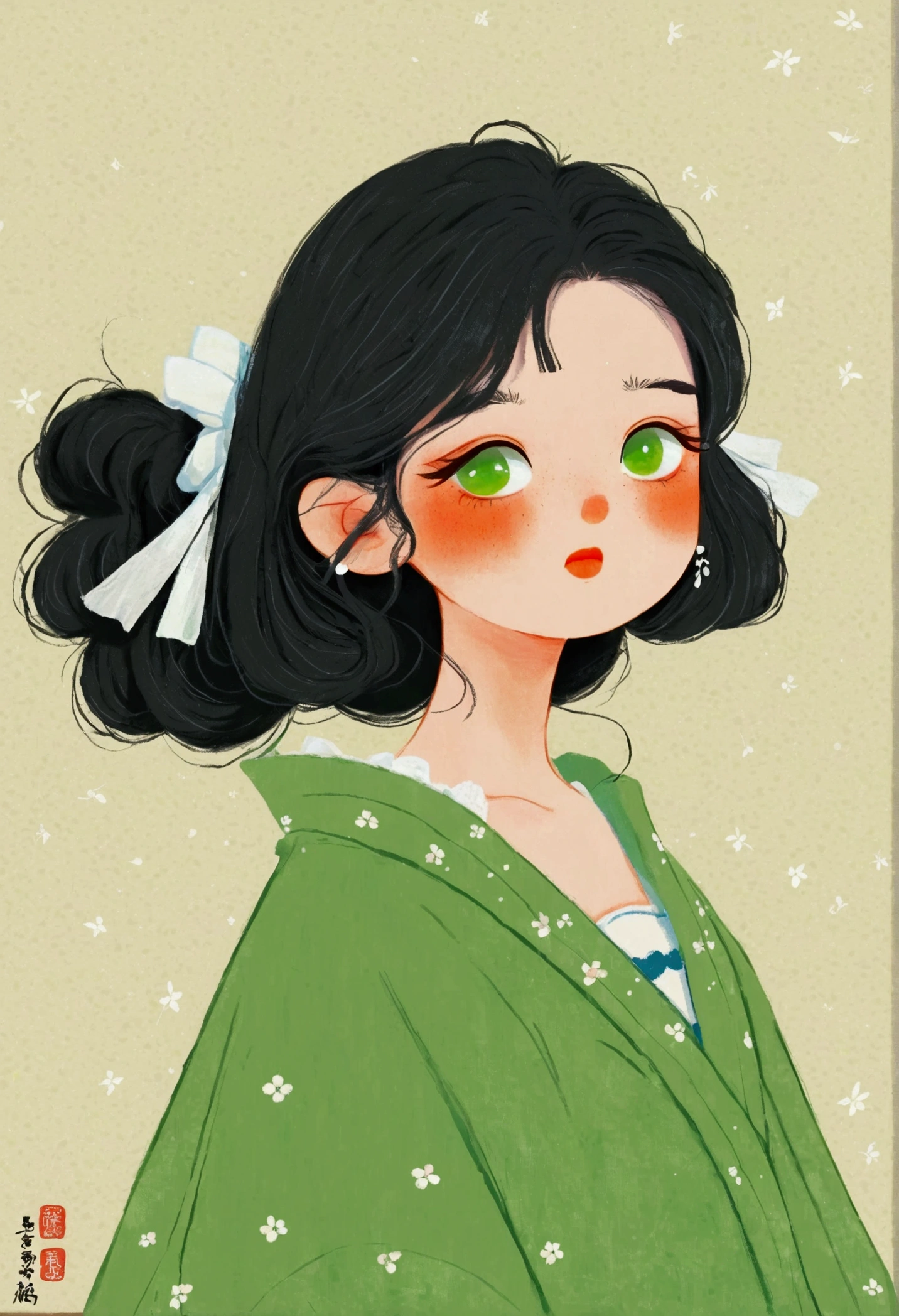 A cartoon girl with long black hair and a green shirt, Character portraits inspired by Takehisa Yumeji, tumblr, Folk Art, Girl Cute - Delicate Face, Black hair girl, Cute kawaii girl, Brunette beauty, Anime Girl, Green flowing hair, A lovely young woman, Women with long black hair