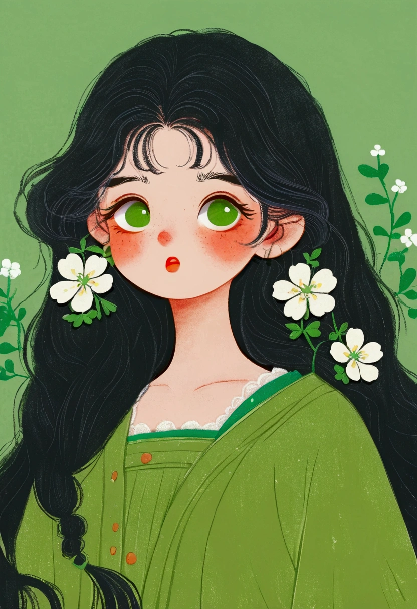 A cartoon girl with long black hair and a green shirt, Character portraits inspired by Takehisa Yumeji, tumblr, Folk Art, Girl Cute - Delicate Face, Black hair girl, Cute kawaii girl, Brunette beauty, Anime Girl, Green flowing hair, A lovely young woman, Women with long black hair