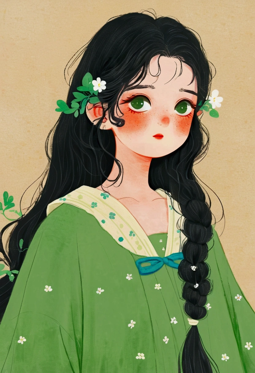 A cartoon girl with long black hair and a green shirt, Character portraits inspired by Takehisa Yumeji, tumblr, Folk Art, Girl Cute - Delicate Face, Black hair girl, Cute kawaii girl, Brunette beauty, Anime Girl, Green flowing hair, A lovely young woman, Women with long black hair