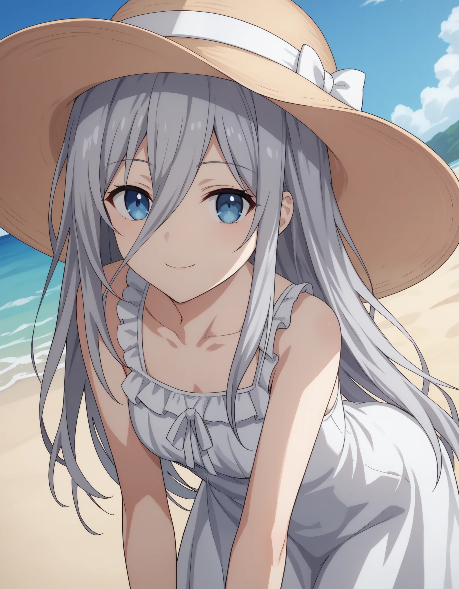 score_9, score_8_up, score_7_up, source_anime, reinamurasame,  reina murasame, long hair, blue eyes, grey hair, hair between eyes, hat, dress, bare shoulders, collarbone, sleeveless, white dress, sleeveless dress, sun hat, sundress, outdoors, beach, bent over, smile, looking at viewer, solo, cowboy shot, dutch angle,