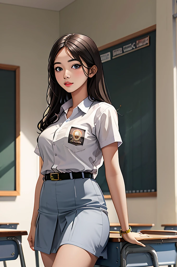 (masterpiece, best quality), 1girl, 1girl, cewe-sma, white shirt, gray skirt , belt, class room