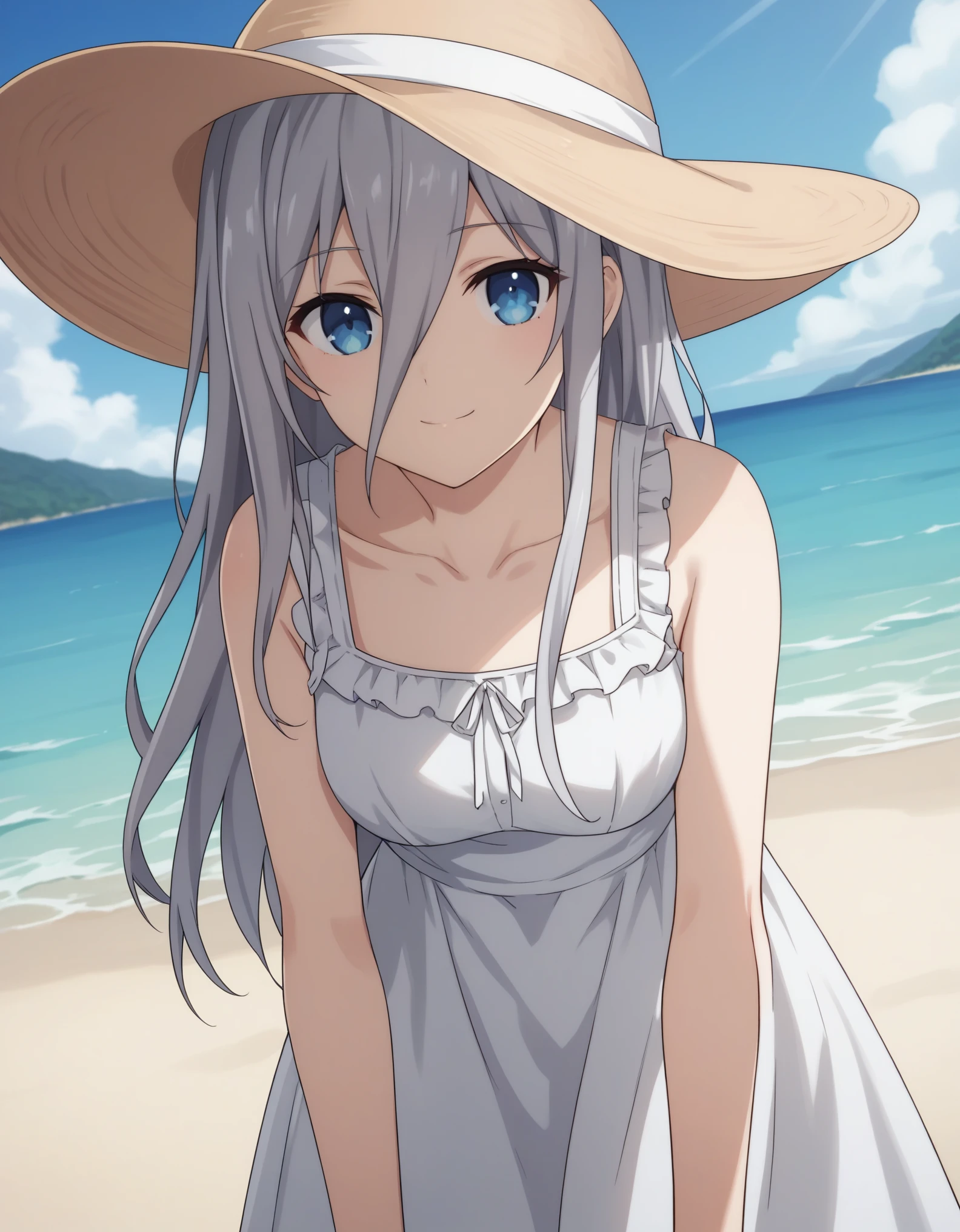 score_9, score_8_up, score_7_up, source_anime, reinamurasame,  reina murasame, long hair, blue eyes, grey hair, hair between eyes, hat, dress, bare shoulders, collarbone, sleeveless, white dress, sleeveless dress, sun hat, sundress, outdoors, beach, bent over, smile, looking at viewer, solo, cowboy shot, dutch angle,