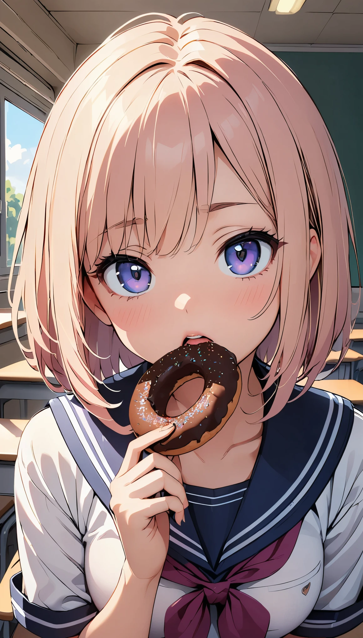 18 year old beautiful girl, JK, Sailor suit, masterpiece:1,2, Highest quality, 8K Animation, ((Thin fingers, Accurate Fingers:Thumb 14)), Fingers holding a donut, School classroom background, 1 girl, alone, Light purple medium length hair, View your viewers:1.2, Chocolate Donuts, Open your mouth and suck, Glossy Lips, Looking up:1.2, focus on lips, Face Up Shot