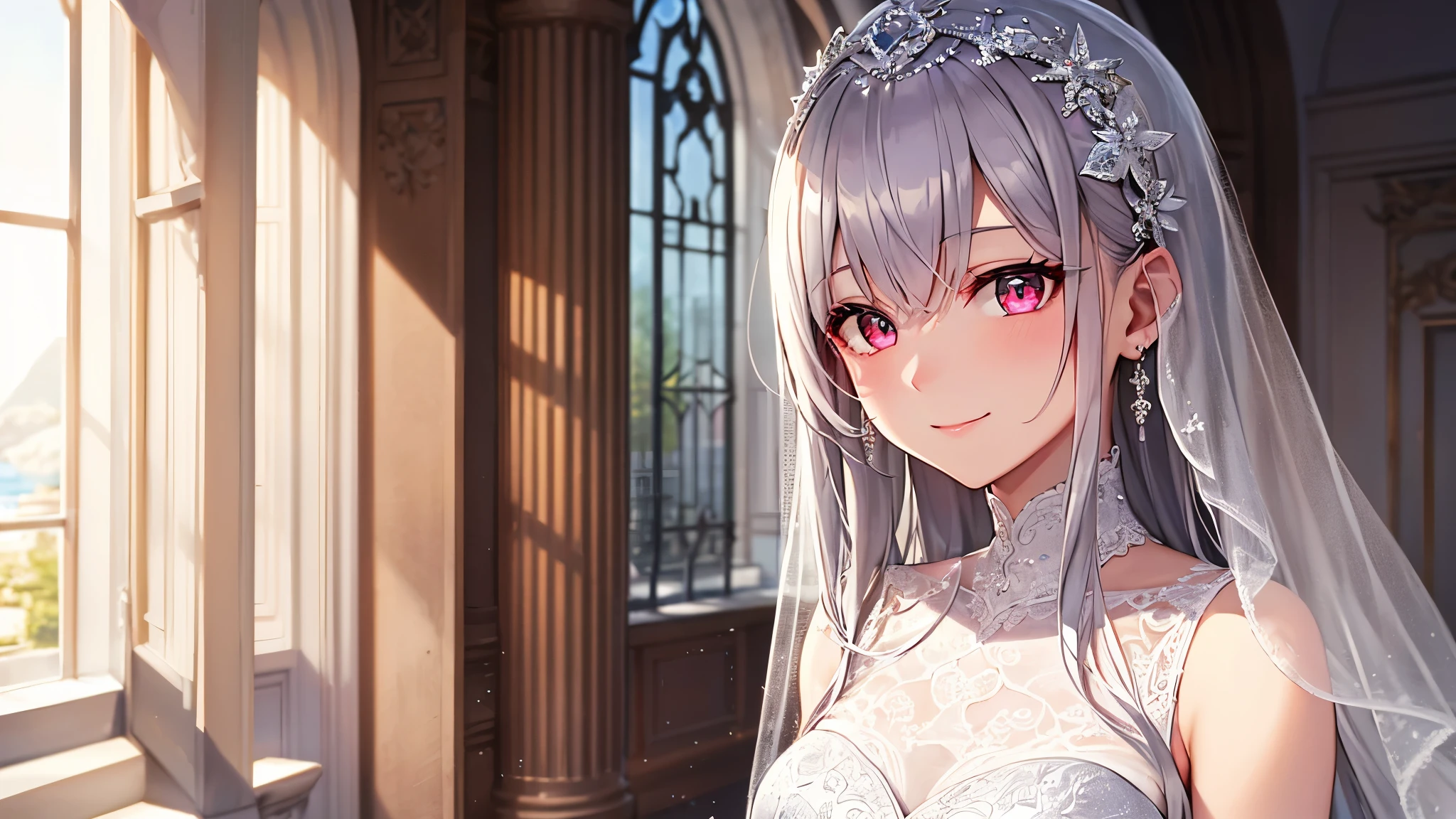 Highest quality, 8k, 4K, High resolution, High Contrast,1girl,only,Beautiful silver hair,(Beautifully detailed face), Clear pink eyes, beautiful eyes, A gentle expression of love, smile, Moderate bust, 20generation, Diamond Rings, Beautiful Gems, White and silver based, Precise and beautiful scenery, Ceremony venue, Wedding dress