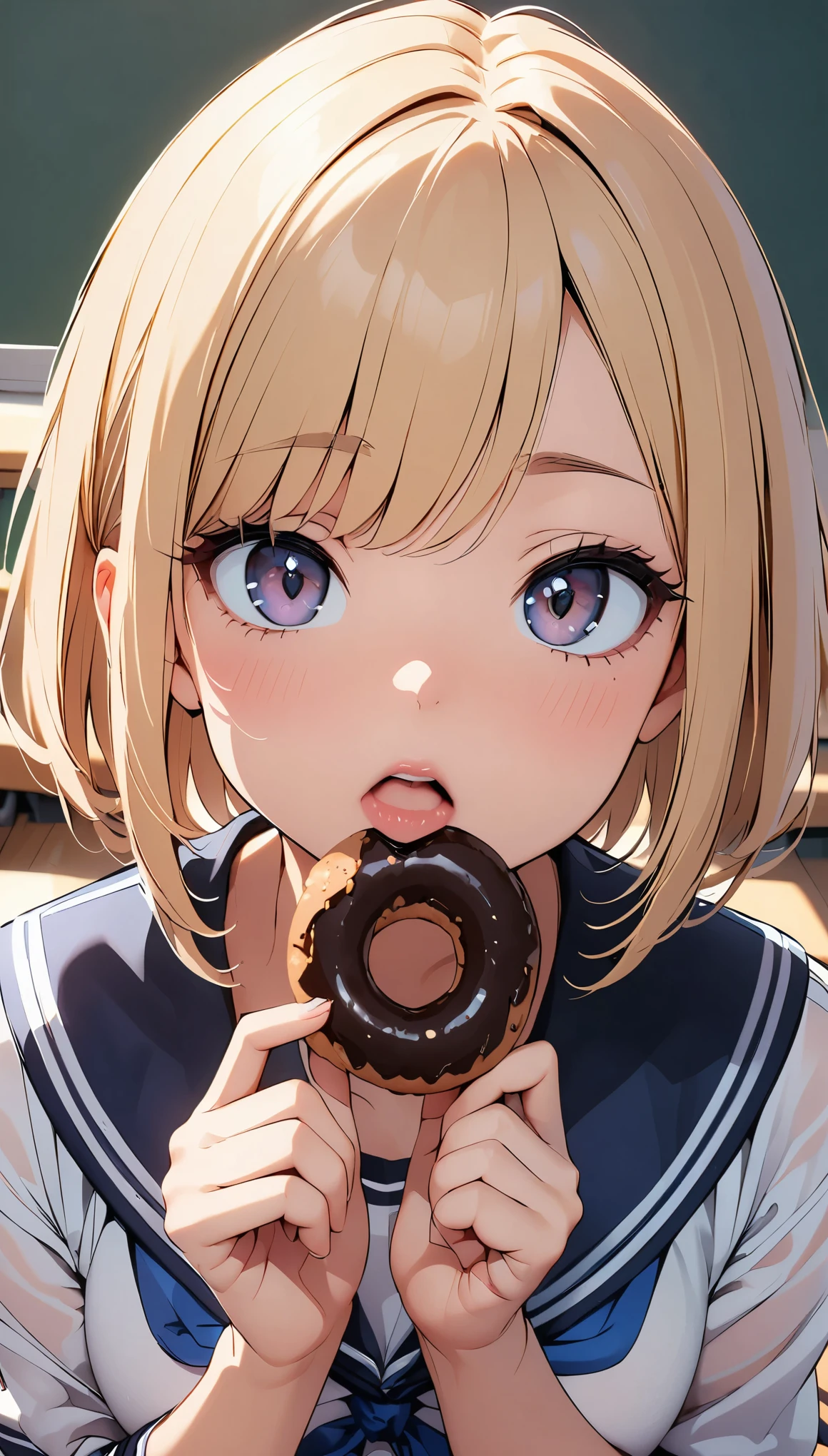 18 year old beautiful girl, JK, Sailor suit, masterpiece:1,2, Highest quality, 8K Animation, ((Thin fingers, Accurate Fingers:Thumb 1４)), Fingers holding a donut, School classroom background, 1 girl, alone, brown wolf cut, View your viewers:1.2, Chocolate Donuts, Open your mouth and suck, Glossy Lips, Looking up:1.2, focus on lips, Face Up Shot