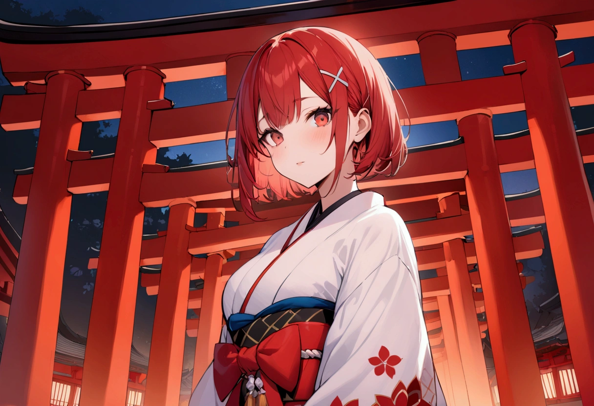 short hair, (Red hair:1.2), x Hair ornament, Red eyes,girl,One person,kimono, Highest quality, masterpiece, High resolution,night、Japan、Japanese style、shrine、torii