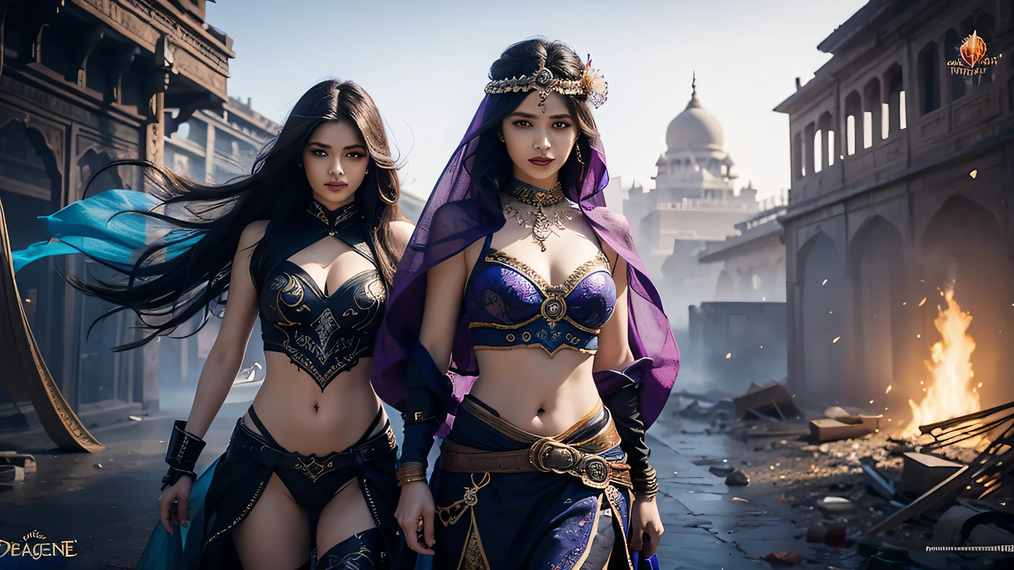 2 ladies + exit + India + like + veil splashArt, splashArt, league of legends splashArt, Art, One stroke, masterpiece, 8K, Extremely detailed, HD