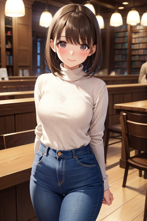 anegasaki nene、Shiny brown hair, short hair, (Beautiful brown eyes、Sparkling eyes, Fine grain)、smile、Ultra-detailed eyes、非常にDetailed face, Highly detailed eyes,
(Tabletop:1.4, 最high quality、((High resolution)), masterpiece, high quality, 最high quality, beautiful, Perfect lighting, Detailed face, Super cute face,
((One girl)), ((alone)), ((blush)), smile, View your viewers, Turtleneck sweater, jeans, ((Medium chest)), Wide Hips, Thick thighs, library, Put your arms behind your back,