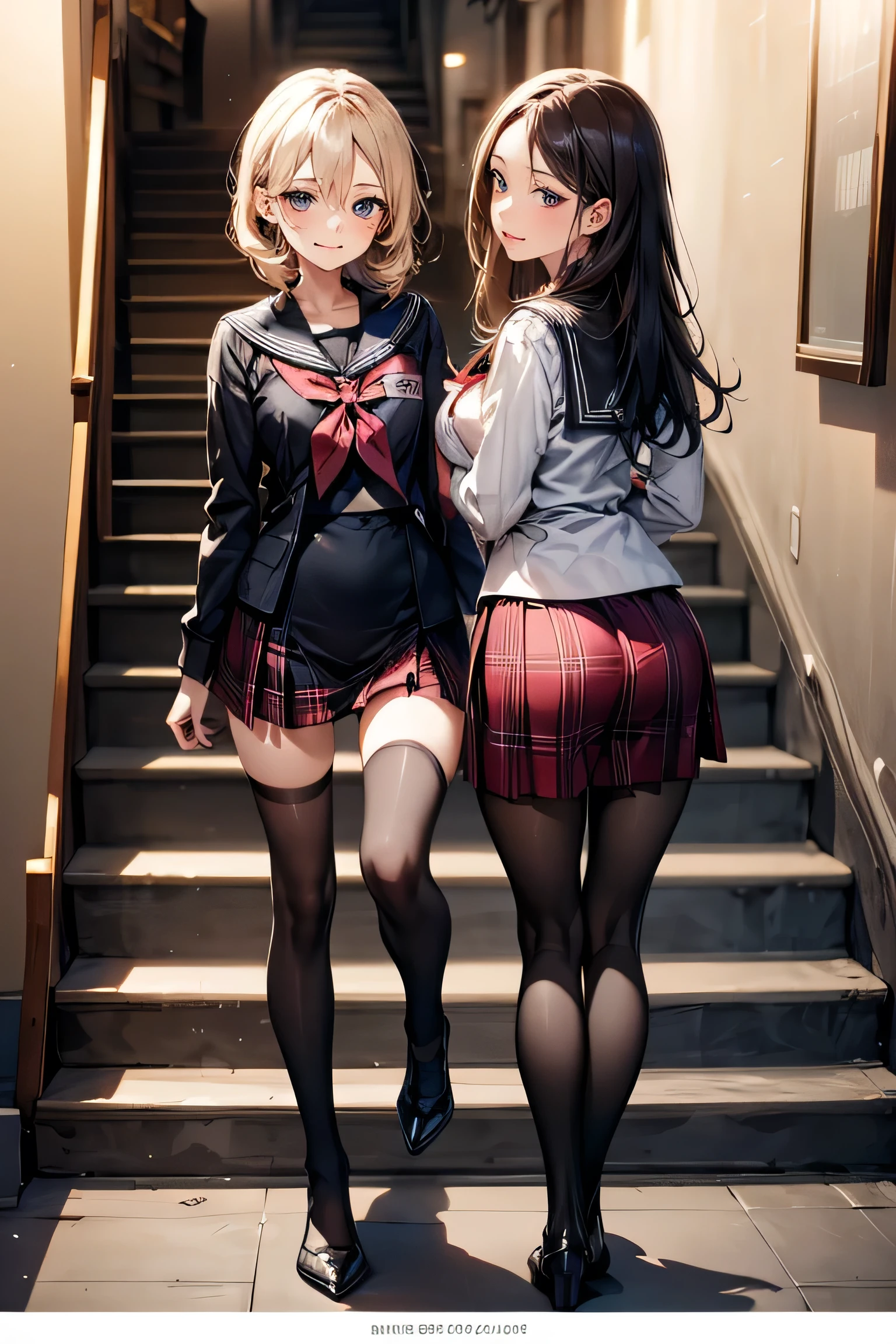 (Biologically correct limb count),Full body, including face,4K,Focus on the masterpiece face,Well-proportioned facial features,Delicate descriptive eyes,One beautiful woman,(Black Sailor Suit,red plaid skirt,Black Stockings),(smile),Looking down,Photos with white borders,Look away from the camera,National Library,walking,Walking up the stairs,looking back,(Two Girls)