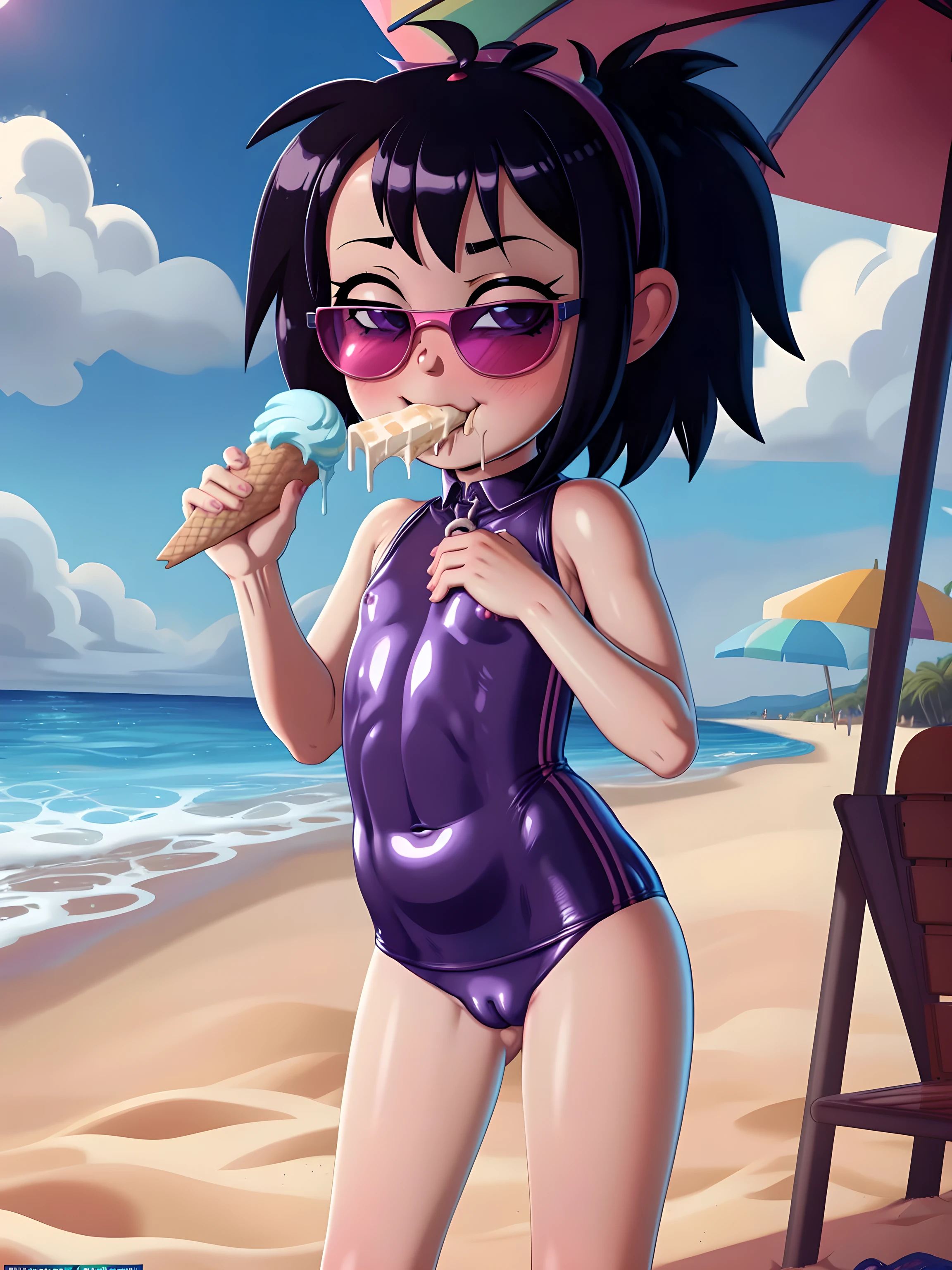 (:1.8), peni parker , on the beach, , small breasts, sunglasses , cameltoe, standing, horny, seductive, smirk, blush, eating ice-cream, school swimsuit , by shadman 