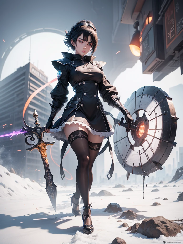Fullbody 128k Bluray Extreme UHD 4K High quality anime image . My attention is drawn to an incredibly beautiful woman with short, straight black hair with red ombré that is pulled back with a metal headband, full lips and dark eyes. She is tough in her demeanor. She stands in the city with her weapon like axe in hand. She wears a maid uniform and long pantyhose along with high heels.” Rendered in stunning 4K and UHD resolution using Octane Render CGI technology, everything comes to life in a mesmerizing 16K masterpiece, with an aura fascinating and high level of detail, anime illustration with stern look in eyes, cyber punk illustration, beautiful anime woman with dark hair, 4K, UHD, Ultra HD 4K image, extremely fascinating sifi light, intricate details , extremely detailed, incredibly detailed.holding a axe like sword with two handles.