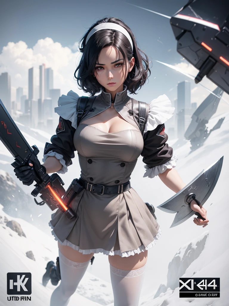 Fullbody 128k Bluray Extreme UHD 4K High quality anime image . My attention is drawn to an incredibly beautiful woman with short, straight black hair with red ombré that is pulled back with a metal headband, full lips and dark eyes. She is tough in her demeanor. She stands in the city with her weapon like axe in hand. She wears a maid uniform and long pantyhose along with high heels.” Rendered in stunning 4K and UHD resolution using Octane Render CGI technology, everything comes to life in a mesmerizing 16K masterpiece, with an aura fascinating and high level of detail, anime illustration with stern look in eyes, cyber punk illustration, beautiful anime woman with dark hair, 4K, UHD, Ultra HD 4K image, extremely fascinating sifi light, intricate details , extremely detailed, incredibly detailed.holding a axe like sword with two handles.