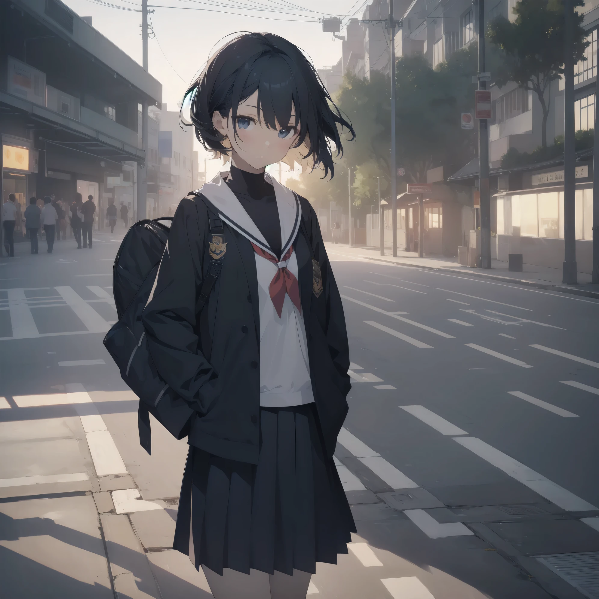 ultra-absurdres-Top quality by artist God, ultra-detailed, high resolution, anime moe artstyle, best anime 8k konachan wallpaper, pixiv contest winner, pool:2810, perfect anatomy,break, 1girl, (Please draw a girl walking sleepily to school alone. )break,(Solo,little female, 13-year-old:1.3),Full limbs, complete fingers,a junior high school student, (very short hair), short cut, flat chest, , small butt, small black eyes, beautiful detailed eyes, well-proportioned iris and pupils, expressive eyes, highres detailed hair, soft expression, salor school_uniform, sailor collar, serahuku, bow, pleated skirt,(Detailed Lighting), (Detailed background), in the School commute route. break,super detailed skin, Best cinematic lighting powered by famous artist, 8k,beauty illustration,photoshop_(medium),very aesthetic,break,((artist:horosuke )), artist:clamp ,artist:carnelian ,artist:kantoku ,
