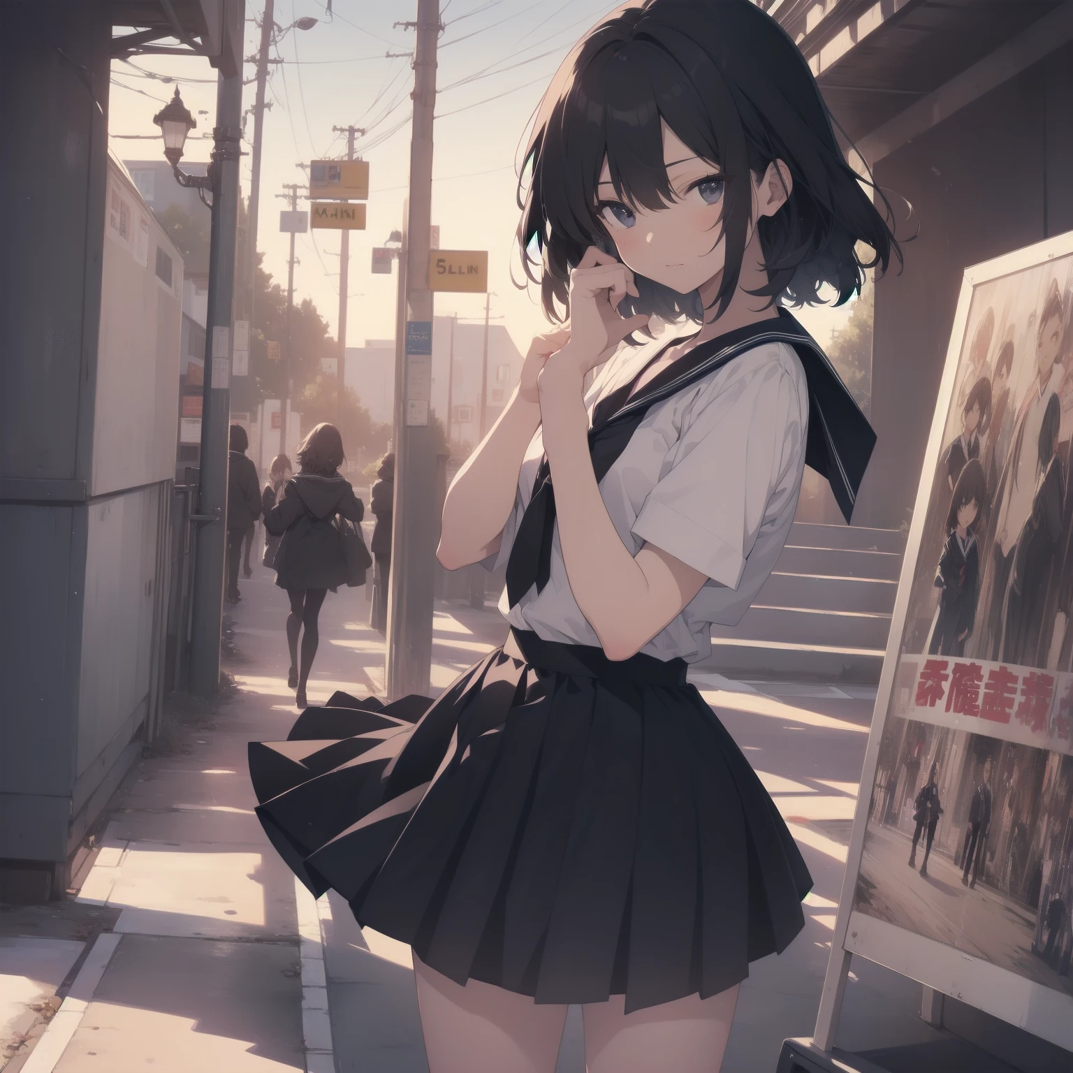 ultra-absurdres-Top quality by artist God, ultra-detailed, high resolution, anime moe artstyle, best anime 8k konachan wallpaper, pixiv contest winner, pool:2810, perfect ???????,break, 1girl, (Please draw a girl walking sleepily to school alone. )break,(Solo,little female, 13-year-old:1.3),Full limbs, complete fingers,a junior high school student, (very short hair), short cut, flat chest, , small butt, small black eyes, beautiful detailed eyes, well-proportioned iris and pupils, expressive eyes, highres detailed hair, soft expression, salor school_uniform, sailor collar, serahuku, bow, pleated skirt,(Detailed Lighting), (Detailed background), in the School commute route. break,super detailed skin, Best cinematic lighting powered by famous artist, 8k,beauty illustration,photoshop_(medium),very aesthetic,break,((artist:horosuke )), artist:clamp ,artist:carnelian ,artist:kantoku ,
